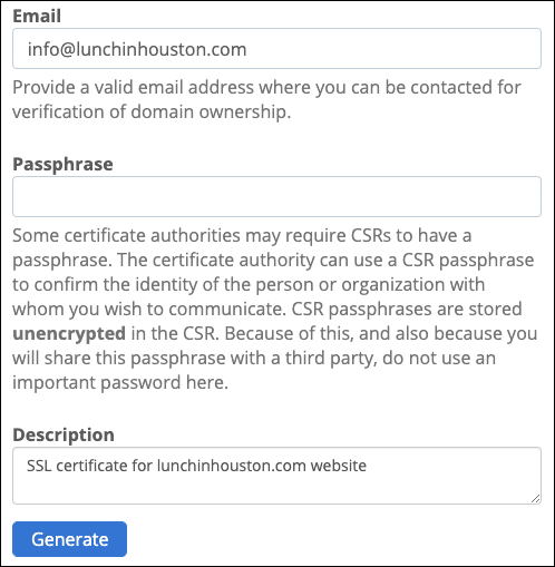 Enter email, passphrase, and description