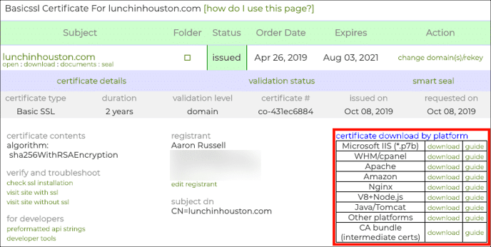 Certificate details and download links