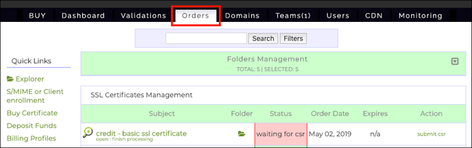 Orders tab